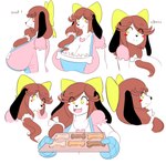 alternate_form anthro apron big_breasts black_ears blue_apron blue_clothing blush blush_stickers breasts brown_hair cleavage clothed clothing dog_food dog_treat eye_through_hair eyebrow_through_hair eyebrows eyelashes eyelashes_through_hair female frilly frilly_clothing fur hair handwear heart_locket holding_tray huge_breasts long_ears long_hair looking_aside multiple_poses open_mouth open_smile oven_mitts pet_food pink_clothing pink_topwear pose smile solo text tongue tongue_out topwear translucent translucent_hair tray white_body white_fur yellow_eyes theycallhimcake holly_applebee canid canine canis domestic_dog mammal 2016 absurd_res bust_portrait digital_drawing_(artwork) digital_media_(artwork) english_text hi_res portrait