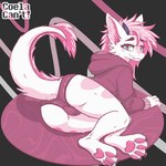 abstract_background anthro blush butt clothing feet female fur hoodie horn looking_at_viewer pawpads solo tail topwear white_body white_fur coelacant mythology dragon furred_dragon furred_scalie mythological_creature mythological_scalie scalie 1:1 2024 digital_media_(artwork) hi_res pink_theme