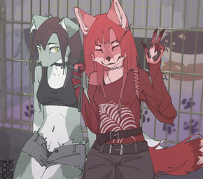 accessory alternative_fashion anthro bdsm belt belt_buckle bottomwear bra breasts bridge_piercing buckle cage choker clothed clothing collar constricted_pupils covered_breasts crotch_tuft denim denim_bottomwear denim_clothing denim_shorts dog_plushie duo embarrassed excited eyes_closed facial_markings facial_piercing female female/female floppy_ears fluffy fur fur_markings gesture hair hair_accessory hairpin hand_gesture head_markings hime_cut inner_ear_fluff jeans jewelry leash leash_pull lip_piercing long_hair longsleeve looking_at_another looking_at_partner markings medium_breasts necklace nose_piercing pants partially_clothed pawpads petplay piercing pillow plushie pupils roleplay scar self-harm_scars shirt shorts sitting sitting_on_ground slim small_pupils small_waist smile snakebite_piercing spots topwear tuft underwear v_sign visible_underwear ecolenss alice_(aliceinmurrey) eilin_(aliceinmurrey) canid canine canis domestic_dog fox mammal hi_res