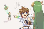 backpack being_watched blonde_hair blue_eyes brown_hair clothing feathered_wings feathers female green_hair group hair humanoid_pointy_ears light_body light_skin long_hair looking_at_another male not_furry open_mouth open_smile pointy_ears simple_background smile text wings azcbcd kid_icarus nintendo tears_of_the_kingdom the_legend_of_zelda irch_(tloz) link palutena pit_(kid_icarus) angel elf human humanoid hylian korok mammal winged_humanoid crossover hi_res translation_request