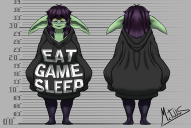 alternative_fashion breasts clothed clothing eyewear female front_view glasses goth hair hoodie legwear long_hair not_furry purple_hair rear_view rectangular_glasses shortstack shortstack_female solo teeth_showing text thigh_highs topwear yellow_eyes mctiddies mauschen goblin humanoid digital_drawing_(artwork) digital_media_(artwork) english_text hi_res model_sheet shaded soft_shading