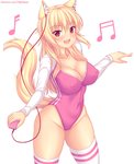 5_fingers alternative_fashion amber_eyes blonde_hair breasts cleavage clothed clothing earbuds electronics female fingers gyaru hair headphones holding_object inner_ear_fluff j-fashion knee_highs legwear leotard long_hair looking_at_viewer monotone_earbuds monotone_headphones multicolored_clothing musical_note musical_symbol nipple_outline pink_clothing pupils red_earbuds red_headphones simple_background slit_pupils solo symbol text tuft two_tone_clothing white_background white_clothing y2k_(fashion) fastrunner2024 tiffy_(fastrunner2024) animal_humanoid felid felid_humanoid humanoid mammal mammal_humanoid 2020 digital_media_(artwork) hi_res shaded url