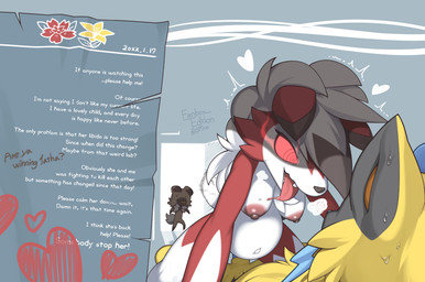ambiguous_gender anthro anthro_on_anthro areola being_watched biped blue_penis bodily_fluids breasts brown_body brown_fur brown_tail candy chest_tuft dessert erection eye_contact female food fur genitals group hair heart_symbol kneeling lollipop looking_at_another lying male male/female navel nipples nude nude_ambiguous nude_anthro nude_female nude_male on_back open_mouth open_smile penis pregnant pregnant_anthro pregnant_female pregnant_sex red_body red_eyes red_fur sex simple_background smile standing sweat tail teeth text tongue trio tuft white_hair white_tail yellow_body yellow_fur zinfyu are_ya_winning_son? nintendo pokemon generation_7_pokemon legendary_pokemon lycanroc midnight_lycanroc pokemon_(species) rockruff zeraora 2026 absurd_res digital_drawing_(artwork) digital_media_(artwork) english_text hi_res