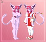 anthro asian_clothing big_breasts blush breasts clitoris clothing dark_nipples east_asian_clothing female footwear fuchsia_hair fur gem genitals geta inverted_nipples japanese_clothing mask nipples pink_body pink_fur pink_gem purple_eyes shrine_maiden sleeves smoking_pipe socks solo derthevaporeon nintendo pokemon eeveelution espeon generation_2_pokemon pokemon_(species) absurd_res hi_res