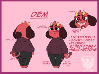 anthro barefoot black_bottomwear black_clothing black_eyes border bottomwear brown_body brown_fur clothed clothing dipstick_ears dipstick_tail ear_markings eyelashes eyewear feet female floppy_ears front_view fur glasses hair head_tuft hoodie horn leggings legwear lop_ears markings multicolored_ears open_mouth pink_background pink_body pink_fur ponytail purple_border purple_clothing purple_topwear rear_view rectangular_glasses sharp_teeth shortstack simple_background snaggle_tooth solo spiral spiral_pupils tail tail_markings teeth text topwear torn_clothing torn_leggings torn_legwear tuft yellow_horn demonicdisaster mythology dem_(demonicdisaster) canid canid_demon canine canis demon domestic_dog hellhound mammal mythological_canine mythological_creature 4:3 hi_res model_sheet