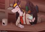 anthro bar beverage blonde_hair blush claws clothing detailed_background feathered_wings feathers glass grin hair looking_at_viewer male necktie ring shirt smile solo tail teeth topwear wings asbel_lhant conditional_dnp legendz mythology ranshiin dragon mythological_creature mythological_scalie scalie wind_dragon 2019