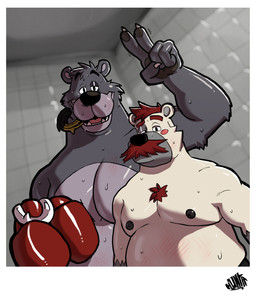 anthro belly big_belly bodily_fluids bottomwear boxing_gloves bruised bruised_eye cheek_markings cheek_tuft chest_tuft claws clothing duo facial_hair facial_markings facial_tuft finger_claws fur gesture grey_body grey_fur hair hand_gesture handwear head_markings head_tuft locker_room male markings moobs mouthguard musclegut muscular muscular_arms mustache muzzle_(marking) nipples open_mouth overweight overweight_anthro overweight_male pawpads photo polaroid_photo posing_for_picture red_hair shorts size_difference smile smiling_at_viewer standing sweat teeth_showing tuft v_sign white_body white_fur hunter-husky the_jungle_book baloo bearwithstache bear mammal polar_bear sloth_bear ursine half-length_portrait hi_res portrait shaded