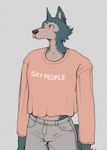 anthro beastars bottomwear canid canine canis clothed clothing english_text fur hi_res humor legoshi_(beastars) male mammal neutral_expression pants scar shirt smagma solo standing text topwear wolf