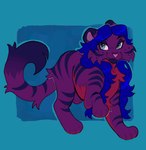 ally_cat_(character) blue_eyes blue_hair domestic_cat felid feline felis female feral feral_with_hair fur fur_tuft hair hi_res mammal purple_body purple_fur red_body red_fur simple_background solo tabby_cat tail tuft unknown_artist