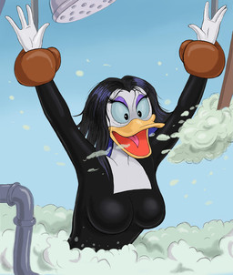 anthro appliance beak black_hair boxing_gloves breasts clothing feathers female hair handwear laundry_machine soap solo white_body white_feathers zdrer456 disney ducktales magica_de_spell anatid anseriform avian bird duck hi_res