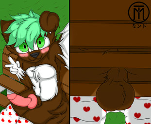anthro balls bench big_penis blush boxers_(clothing) clothing erection genitals gesture green_hair hair hand_gesture heart_boxers heart_clothing heart_symbol heart_underwear male outside penis public selfie shota sitting smile solo under_view underwear v_sign young young_anthro pupminto minto_(character) canid canine canis domestic_dog mammal wolf hi_res watermark