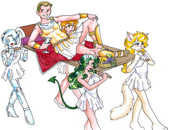 alcohol armor beverage blonde_hair bread breastplate carrying_another clothing dominant dominant_male female food fruit grape green_hair group hair machine male plant reclining roman simple_background toga white_background wine sue-chan_(artist) demon domestic_cat felid feline felis human mammal robot