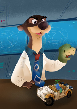 alternate_species anthro brown_body brown_fur claws clothed clothing coat figurine fur furrification hand_puppet inside lab_coat laboratory male necktie open_mouth paleontologist screen sharp_teeth solo tan_body tan_fur teeth time_machine toony toony_eyes topwear toy tinymallet dinosaur_(disney) disney zootopia dr._grant_seeker dinosaur hadrosaurid mammal mustelid ornithischian ornithopod otter parasaurolophus prehistoric_species reptile saurischian scalie theropod hi_res