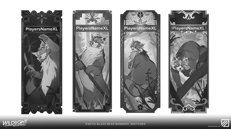 4_toes ambiguous_feral ambiguous_gender bamboo bamboo_stick banner bent_legs branch claws closed_frown company_logo company_name empty_eyes eyebrows facial_markings feet feral forehead_markings forest frown fur gradient_background grey_body grey_claws grey_eyebrows grey_fur grey_markings grey_stripes grey_tail head_markings holding_object holding_stick light looking_at_viewer markings mouth_closed multicolored_body multicolored_fur on_branch open_mouth open_smile plant raised_foot simple_background sitting smile smiling_at_viewer solo standing stick striped_markings striped_tail stripes tail tail_markings text toe_claws toes tree two_tone_tail white_background byanka_li highguard_(game) ailurid mammal red_panda 2026 absurd_res concept_art digital_drawing_(artwork) digital_media_(artwork) english_description english_text greyscale hi_res lighting monochrome official_art shaded url