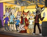 aircast anthro blazer bottomwear cast clothed clothing crutch dipstick_ears ear_markings electronics female group karaoke male medical_instrument microphone multicolored_ears partying scientific_instrument singing skirt stage stage_lights stripes underbite ziegelzeig aggretsuko disney sanrio zootopia haida_(aggretsuko) jack_savage judy_hopps nick_wilde retsuko skye_(zootopia) ailurid canid canine fox hare hyena lagomorph leporid mammal rabbit red_fox red_panda spotted_hyena swift_fox true_fox crossover hi_res