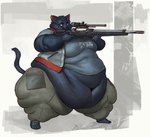 aiming anthro barefoot belly big_belly bottomwear clothing deep_navel fat_rolls feet female gun holding_object holding_weapon laser_sight morbidly_obese morbidly_obese_anthro morbidly_obese_female navel obese obese_anthro obese_female overweight overweight_anthro overweight_female pants ranged_weapon rifle science_fiction shirt simple_background sniper_rifle solo standing topwear vest weapon cettus sarka_svobodova domestic_cat felid feline felis mammal 2021 hi_res