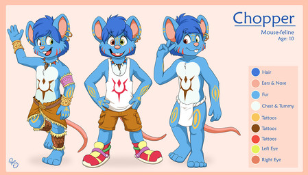 anthro blue_body blue_fur blue_hair border bottomwear clothed clothing ear_piercing ear_ring front_view fur green_eyes hair hand_on_hip heterochromia logo looking_at_viewer male male_anthro markings open_mouth open_smile orange_border piercing pink_nose red_eyes red_markings ring_piercing short_hair shorts smile solo standing text topless topwear white_body white_clothing white_fur white_topwear yellow_markings pandapaco chopper_atbong mammal mouse murid murine rodent artist_logo english_text model_sheet signature