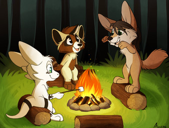 anthro black_nose brown_hair fire forest grass green_eyes group hair log male plant smile standing tree wood aseethe canid canine fox mammal procyonid raccoon 2017 digital_media_(artwork)