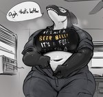 anthro belly big_breasts bodily_fluids breasts cetacean clothing coveralls crop_top dc_comics dialogue doctordj dolphin female fin front_view head_fin hi_res inside mammal marine navel oceanic_dolphin orca orca_(dc) overweight overweight_anthro overweight_female sharp_teeth shirt solo standing sweat teeth text thick_thighs toothed_whale topwear unzipping voluptuous_female