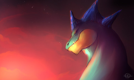 ambiguous_gender feral solo sunset ravoilie nintendo pokemon feraligatr generation_2_pokemon pokemon_(species) shiny_pokemon 2014 digital_media_(artwork)