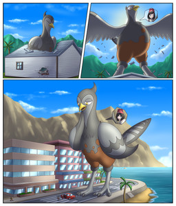 body_size_growth border building building_destruction car carrying_another destruction embarrassed extreme_size_difference female female_feral female_human feral group house larger_feral low-angle_view macro male male_human mountain outside palm_tree panicking plant riding riding_on_back sea size_difference size_transformation smaller_human spread_wings street transformation tree vehicle water white_border wings worried introvertnacho nintendo pokemon selene_(pokemon) avian generation_5_pokemon human mammal pokemon_(species) unfezant 2020 absurd_res comic digital_media_(artwork) digital_painting_(artwork) hi_res painting_(artwork)