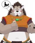 anthro belly blush clothing cute_fangs eyes_closed fangs humanoid_hands male navel overweight overweight_male shirt simple_background solo teeth topwear kemonosato tamacolle yamato_(tamacolle) canid canine canis mammal wolf 2020