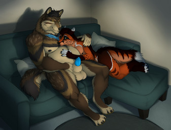 animal_genitalia animal_penis anthro balls belly canine_genitalia canine_penis carpet claws duo fluffy fluffy_tail furniture genitals lying male male/male nude on_side penis penis_tip pillow reclining sheath smile sofa tail chubchow archie_(thearchiefox) canid canine canis fox mammal wolf hi_res