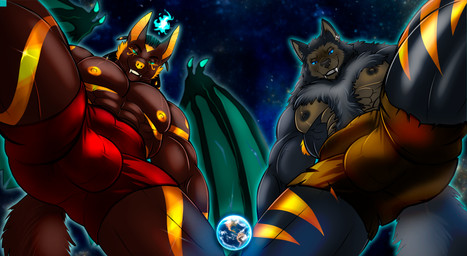 anthro bulge duo earth macro male male/male muscular muscular_anthro muscular_male pecs planet space caramellgabi mythology anubis_bayek hogan_bayek anubian_jackal canid canine canis jackal mammal mythological_canine mythological_creature werecanid werecanine werecreature werewolf wolf absurd_res hi_res