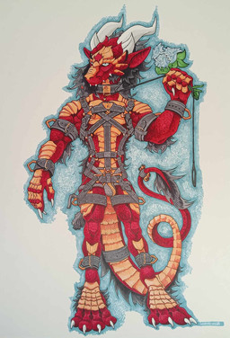 anthro bell blue_eyes bulge collar flower flower_accessory fur gold_scales harness horn leash leather leather_harness male plant red_body simple_background smile solo teasing teasing_viewer karmalow mythology dragon eastern_dragon mythological_creature mythological_scalie scalie hi_res traditional_media_(artwork)