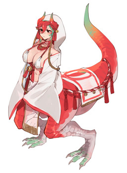 biped bipedal_taur bra breasts clothed clothed_female clothed_taur clothing female hair hood horn light_body light_skin red_body red_hair simple_background solo tail underwear white_background wide_sleeves 359_zako mythology shin_(359_zako) dragon dragon_taur humanoid_taur mythological_creature mythological_scalie scalie taur 2024 absurd_res hi_res