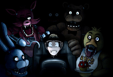 ambiguous_gender anthro bib blue_eyes bow_(feature) bow_tie chair dark exposed_endoskeleton eye_patch eyewear food furniture glowing glowing_eyes group hook hook_hand imminent_death looking_at_viewer machine male nightmare_fuel pirate purple_eyes red_eyes sharp_teeth tablet teeth yellow_eyes gt18 dragon_ball dragon_ball_z five_nights_at_freddy's scottgames toei_animation bonnie_(fnaf) chica_(fnaf) cupcake_(fnaf) foxy_(fnaf) freddy_(fnaf) krillin mr._popo animatronic avian bear bird canid canine chicken fox galliform human lagomorph leporid mammal phasianid rabbit robot