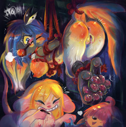 4_toes alley angry ankles_tied anthro anus arms_tied arms_tied_behind_back ass_up athletic athletic_anthro athletic_female avian_feet ball_gag bdsm beak being_watched blonde_hair blue_eyes blue_hair blush blush_lines bodily_fluids bondage bound breast_bondage breasts breasts_tied breath butt captured claws dripping dripping_vulva drooling embarrassed eyebrows eyelashes eyes_closed feet female forced_bondage fully_bound gag gagged genital_fluids genitals group hair hands_behind_back legs_tied looking_at_another muffled neck_tied nipples nude nude_anthro nude_female open_mouth open_mouth_gag pawpads paws raised_tail restrained restraints rope rope_bondage rope_harness saliva saliva_string smile submissive submissive_anthro submissive_female suspension suspension_bondage sweat tail tail_bondage tail_tied teeth toe_claws toes trio vaginal_fluids vulva nihilochannel flummery avian herpestid mammal meerkat mouse murid murine rodent hi_res traditional_media_(artwork)