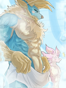 2_horns anthro anthrofied bathing duo horn humanoid_hands male muscular muscular_anthro muscular_male showering towel towel_only majinjin23 capcom monster_hunter fanged_wyvern leviathan_(mh) mizutsune zinogre 2023 colored hi_res