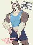 anthro athletic_wear big_arms big_pecs black_nose body_hair bottomwear bottomwear_pull claws clothing clothing_pull finger_claws fur gay_for_pay genitals grey_body grey_fur gym_bottomwear gym_shorts happy_trail heterochromia looking_at_viewer male multicolored_body multicolored_fur muscular muscular_anthro muscular_male nipples pecs penis penis_base porn_star pornography shirt shorts shorts_pull simple_background solo tank_top text tongue tongue_out topwear two_tone_body two_tone_fur white_body white_fur jrjresq canid canine canis domestic_dog husky mammal nordic_sled_dog spitz english_text hi_res