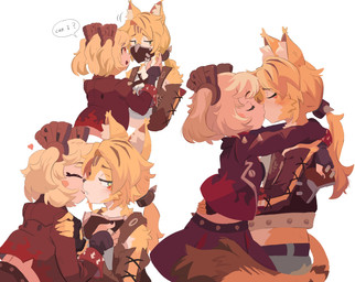 accessory anthro blonde_hair blush blush_stickers bottomwear breasts clothed clothing dialogue duo eyes_closed female female/female fingerless_gloves fur fur_tuft gloves green_eyes hair hair_accessory handwear heart_symbol holding_partner hug inner_ear_fluff interspecies jacket kissing kissing_cheek leather leather_clothing leather_jacket leather_topwear looking_away markings mask midriff nervous no_sclera open_mouth pigtails ponytail romantic romantic_couple shorts shy simple_background skirt tail text topwear tuft twintails_(hairstyle) vest white_body white_fur yellow_body yellow_fur mangedugruau mihoyo zenless_zone_zero burnice_white pulchra_fellini felid feline human mammal thiren 2025 digital_media_(artwork) english_text hi_res