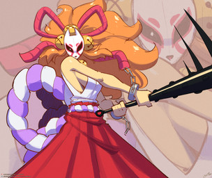 accessory anthro bow_ribbon breasts clothing cuff_(restraint) female hair hair_accessory hair_bow hair_ribbon mask melee_weapon orange_hair restraints ribbons side_boob solo tan_body weapon wearing_mask lyorenth-the-dragon undertale_yellow ceroba_ketsukane canid canine fox mammal 2025 hi_res