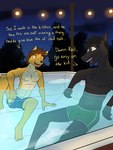 anthro bulge clothed clothing dialogue duo facial_hair goatee hot_tub male night nipples outside partially_submerged sitting swimming_trunks swimwear text topless water fuze texnatsu rod_reyes sam_jackson canid canine canis coyote equid equine horse mammal 3:4 english_text hi_res