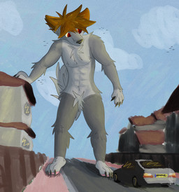 anthro black_nails brown_hair building car colored_nails detailed_background fur grey_body grey_fur hair leaning_on_object looking_down macro male nails on_road pawpads pink_pawpads red_eyes road solo vehicle 2001maxx conditional_dnp maxx_(2001maxx) canid canine canis domestic_dog husky mammal nordic_sled_dog spitz absurd_res hi_res huge_filesize