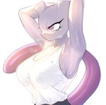 anthro armpit_musk big_breasts bodily_fluids breasts cleavage clothed clothing female purple_body purple_eyes purple_tail raised_arm simple_background solo sweat tail topwear white_background bittersyrup nintendo pokemon generation_1_pokemon legendary_pokemon mewtwo pokemon_(species) hi_res