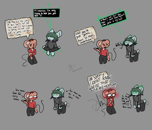 annoyed anthro blush brown_body brown_fur bulge clothed clothing dialogue duo embarrassed female floating fur hair head_tuft open_mouth psychic simple_background smug speech_bubble standing tail tail_motion tailwag telepathy text tuft gazaster rhys_(gazaster) domestic_cat felid feline felis mammal mouse murid murine rodent 2026 absurd_res comic digital_media_(artwork) english_text hi_res signature trans_(lore) trans_woman_(lore)