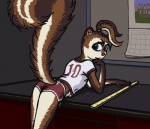 anthro bent_over bottomwear brown_body brown_fur calendar clothed clothing desk dolphin_shorts female fluffy fluffy_tail fur furgonomics furniture green_eyes hair leaning leaning_forward looking_at_viewer looking_back on_desk ponytail raised_tail ruler shorts solo suggestive_pose table tail tail_clothing young cattivino mammal rodent sciurid tree_squirrel 2017