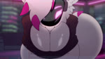 anthro big_breasts biped black_body bottomless breasts clothed clothing clothing_lift eyebrows female front_view fur genitals looking_at_viewer machine multicolored_body multicolored_fur pink_body pink_fur pussy screen screen_face shirt shirt_lift solo standing tail topwear white_body white_fur white_tail jadenarts protogen animated hi_res no_sound webm