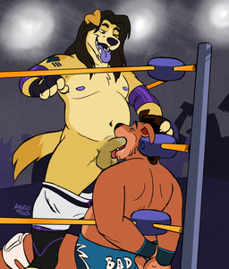 anthro dominant dominant_male facial_hair fellatio fighting_ring floppy_ears fur hair holding_head long_hair male male/male male_anthro oral penile sex tattoo wrestler_costume wrestling wrestling_gear wrestling_match angelofalls conditional_dnp angelo_(angelofalls) reany_(reanyx3) bird_dog canid canine canis domestic_dog hunting_dog mammal retriever absurd_res hi_res