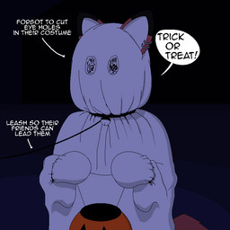 ambiguous_gender anthro bedsheet_ghost bell bell_collar blindfold bound clothing collar dialogue ear_piercing face_covered ghost_costume hands_tied handwear holidays hood leash leashed_collar mittens night piercing pumpkin_basket solo speech_bubble text trick-or-treating foxdance halloween canid canine fox mammal 1:1 digital_media_(artwork) english_text pixel_(artwork)