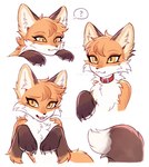 ambiguous_gender anthro brown_body brown_fur claws collar fangs fur inner_ear_fluff looking_at_viewer open_mouth orange_body orange_fur paws question_mark simple_background solo tail teeth tongue tuft white_body white_fur yellow_eyes 3rdperson_iz canid canine fox mammal 2025 hi_res