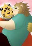 anthro belly blush clothing duo hug humanoid_hands kemono male male/male overweight overweight_male shirt topwear kuma_(pixiv_881259) kumadasi felid lion mammal pantherine tiger 2010 hi_res