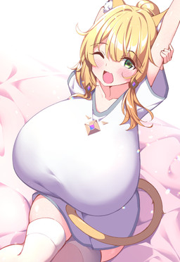 big_breasts blonde_hair blush blush_lines breasts clothing ear_piercing ear_ring fangs female green_eyes hair huge_breasts jewelry looking_at_viewer necklace one_eye_closed open_mouth piercing ring_piercing shirt short_hair solo stretching tail teeth topwear yawn sao73cat animal_humanoid cat_humanoid felid felid_humanoid feline feline_humanoid humanoid mammal mammal_humanoid character_request hi_res