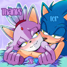 5_fingers anthro bed black_nose blue_body blue_ears blue_fur cuddling duo eye_contact eyelashes female female_anthro fingers fur furniture green_eyes looking_at_another male male/female male_anthro on_bed outline pointy_ears purple_background purple_body purple_ears purple_fur purple_hands red_hair_tie simple_background small_nose snout tan_arms text white_outline yellow_eyes riinity sega sonic_the_hedgehog_(series) blaze_the_cat sonic_the_hedgehog domestic_cat eulipotyphlan felid feline felis hedgehog mammal 1:1 adversarial_noise digital_drawing_(artwork) digital_media_(artwork) english_text hi_res