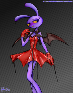 anthro blush clothing cosplay dress femboy feminization male purple_body purple_skin solo text yellow_eyes yellow_sclera hornyfudge glitch_productions the_amazing_digital_circus jax_(tadc) lagomorph leporid mammal rabbit absurd_res hi_res