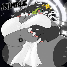 anthro barely_contained barely_contained_breasts big_breasts big_hands biped black_ears black_hair black_sclera body_size_growth breasts claws clothing cross-shaped_pupils ear_halo eyebrows eyewear female finger_claws fur glasses gloves_(marking) green_eyes green_highlights green_pupils grey_body grey_fur hair halo highlights_(coloring) huge_breasts huge_hands huge_thighs hyper hyper_breasts hyper_thighs intergalactic_macro macro markings onomatopoeia open_mouth pink_nose pupils raised_inner_eyebrows size_transformation solo sound_effects space teal_eyewear teal_glasses text thick_thighs transformation whiskers white_claws white_clothing kenju nintendo pokemon ganger deity dewott generation_5_pokemon mammal mustelid otter pokemon_(species) 1:1 english_text hi_res
